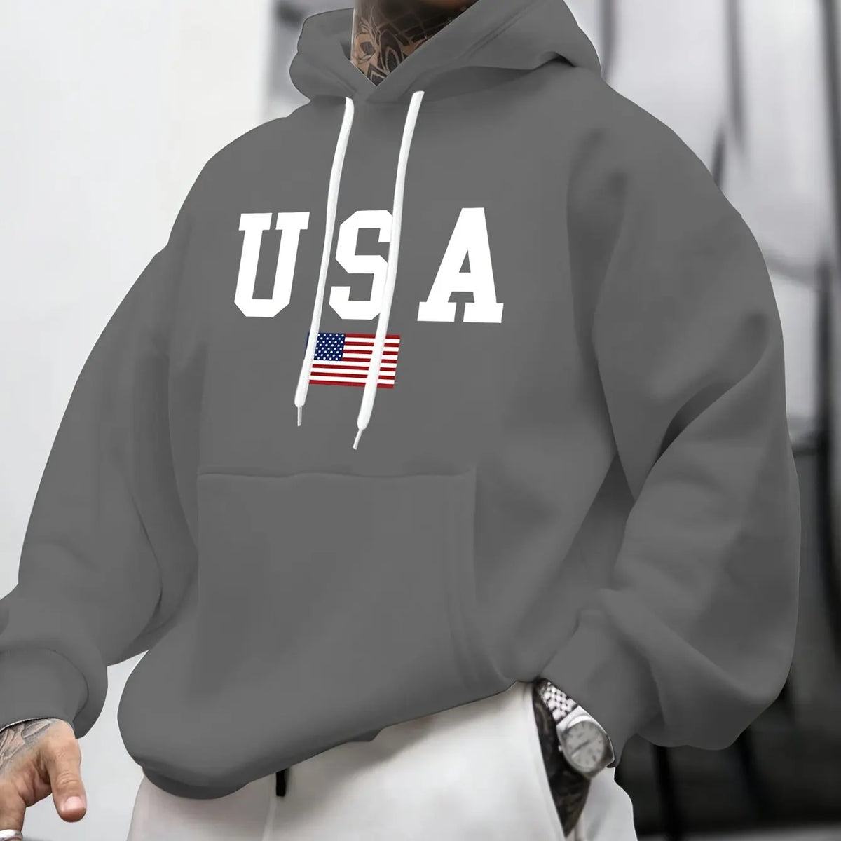 Felpa con Cappuccio da Uomo Autunno-Inverno, Moda Casual, Stampa Grafica Bandiera Americana, Maniche Lunghe, Pullover Caldo