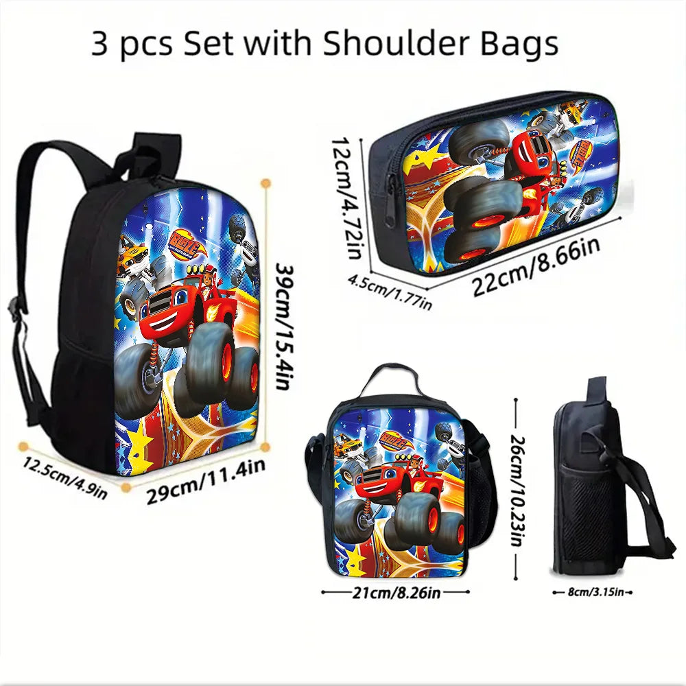 Zaino Scolastico 3D Cartoon Blaze Monster Machines con Borsa Pranzo, Astuccio, Zaino per Bambini e Bambine, Miglior Regalo
