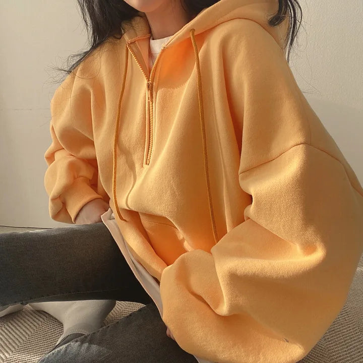 Felpa con cappuccio da donna Harajuku sciolto oversize tinta unita Top mezza Zip felpa donna Casual manica lunga tasca cappotti con cappuccio 2023
