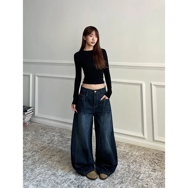 Blu delle Donne Retro Y2K 2000s Gamba Larga Baggy Casual Denim Pantaloni A Vita Alta Jeans Allentati 2024 Autunno Harajuku Pantaloni a Figura Intera