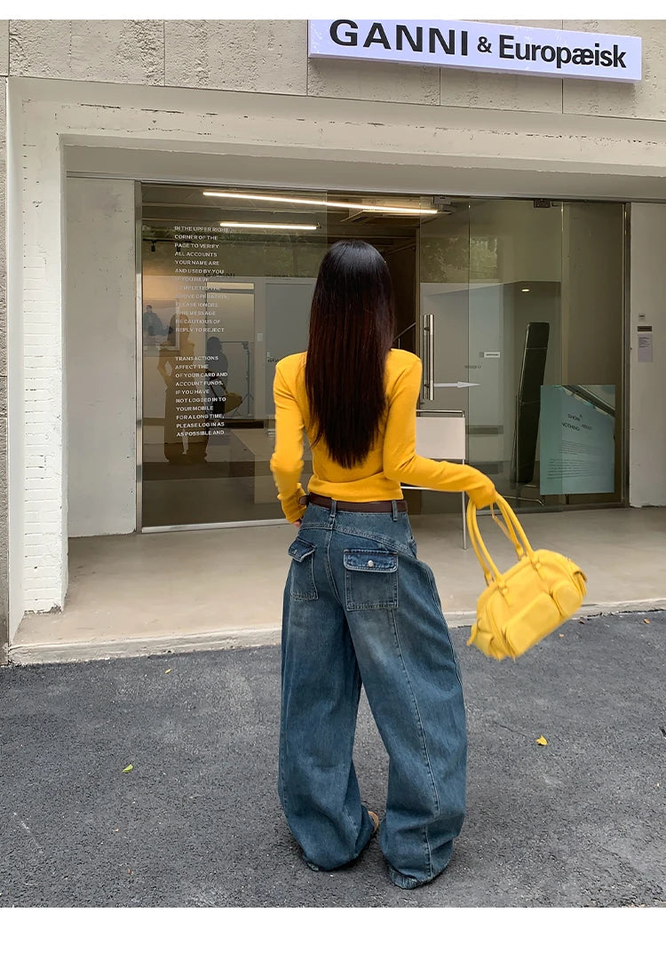 Jeans in denim blu a gamba dritta e vestibilità ampia da donna, pantaloni casual a gamba larga, comodi e rilassanti, stile coreano, per la primavera