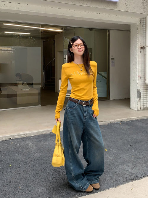 Jeans in denim blu a gamba dritta e vestibilità ampia da donna, pantaloni casual a gamba larga, comodi e rilassanti, stile coreano, per la primavera