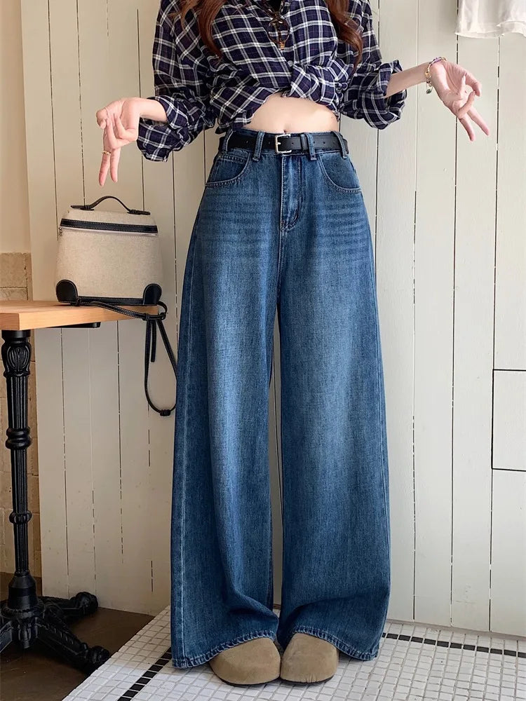Jeans a Vita Alta Stile Americano, Gamba Larga, per Donna, Autunno Inverno, Vestibilità Comoda, Pantaloni Lunghi, Taglio Dritto, Casual, Denim Blu, Effetto Snellente