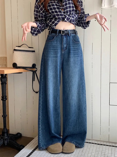 Jeans a Vita Alta Stile Americano, Gamba Larga, per Donna, Autunno Inverno, Vestibilità Comoda, Pantaloni Lunghi, Taglio Dritto, Casual, Denim Blu, Effetto Snellente