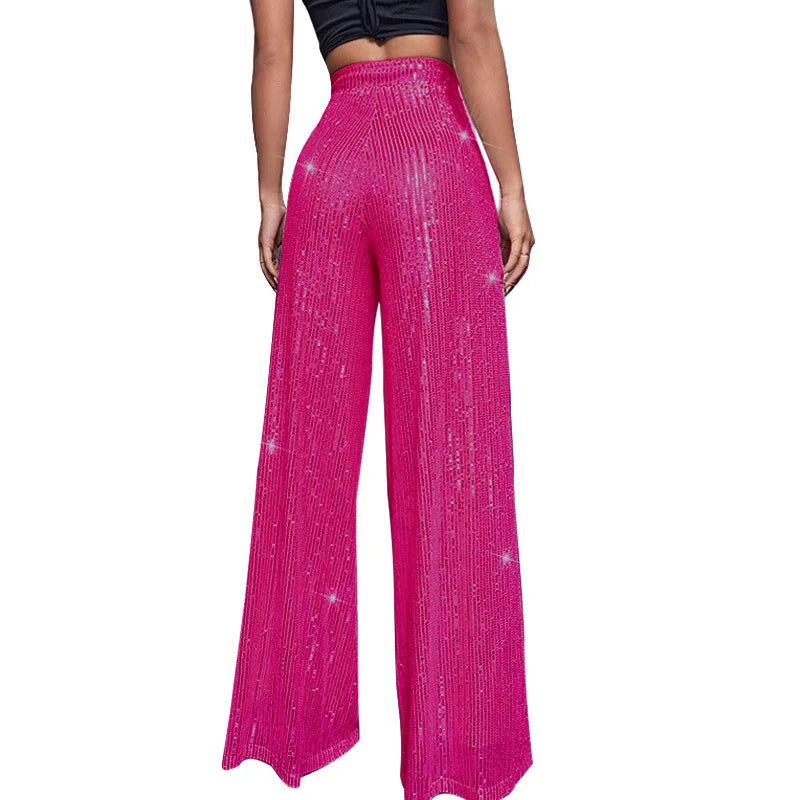 Pantaloni da donna, abbigliamento femminile, vestiti alla moda, pantaloni casual con paillettes, pantaloni eleganti, ampi e fluidi, a gamba larga, hwy5623
