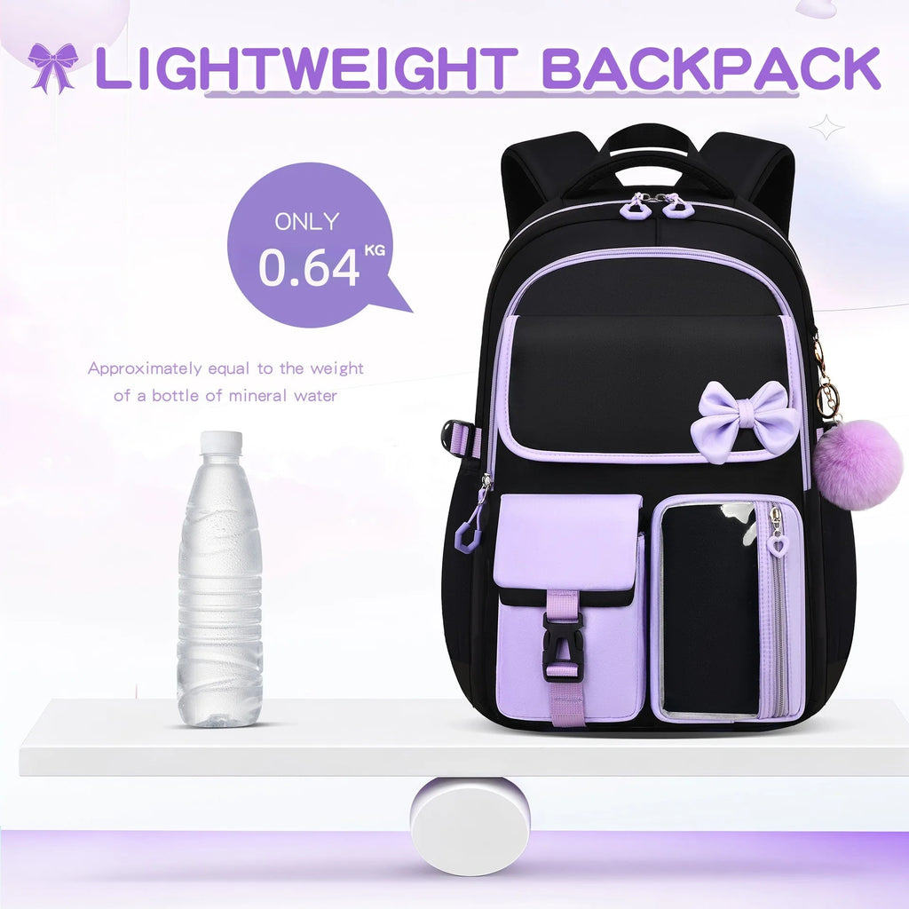Zaino scolastico elementare multitasche per ragazze, zaino ergonomico impermeabile con fiocco, set di zaini per viaggi all'aperto e uso quotidiano