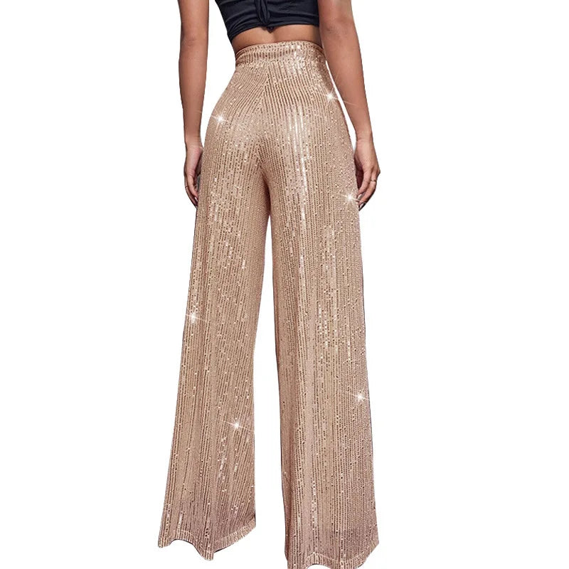 Pantaloni da donna, abbigliamento femminile, vestiti alla moda, pantaloni casual con paillettes, pantaloni eleganti, ampi e fluidi, a gamba larga, hwy5623