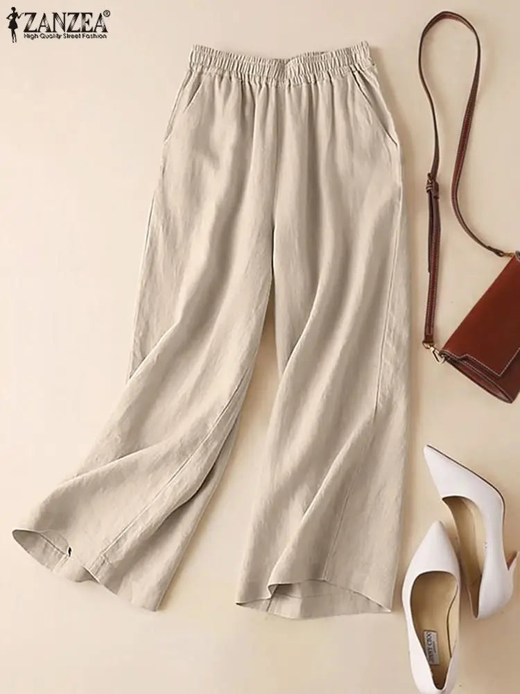 ZANZEA-Pantaloni Estivi da Donna in Cotone e Lino con Vita Elastica, Gamba Larga, Casual, Leggeri, Tinta Unita, Pantaloni Palazzo