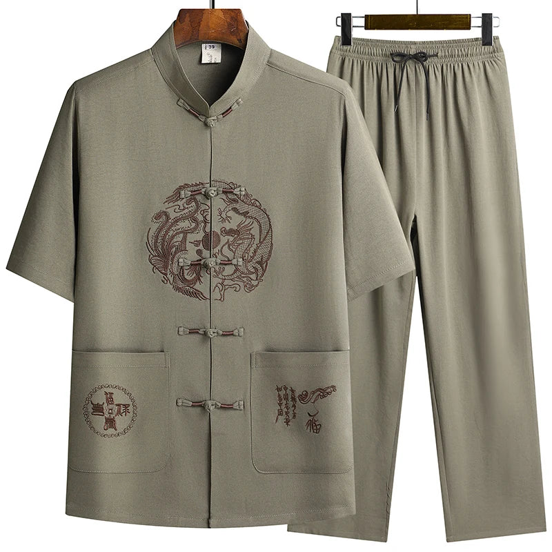 Lino (top + pantaloni) abito Tang cinese in lino arruffato di mezza età da uomo in stile cinese Hanfu nonno vestito in lino