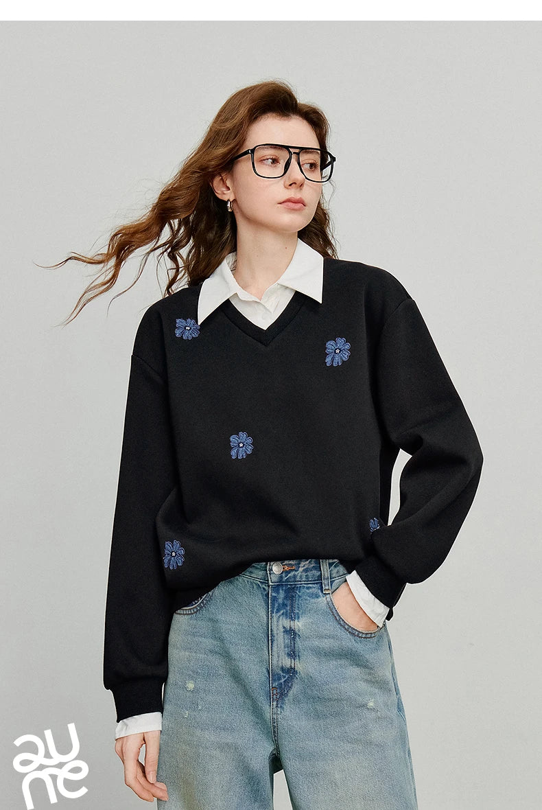 TOYOUTH Felpa da donna 2025 Autunno Nuovo Denim Fiore Ricamo Falso in due pezzi Splicing Colletto rovesciato Pullover casual in cotone