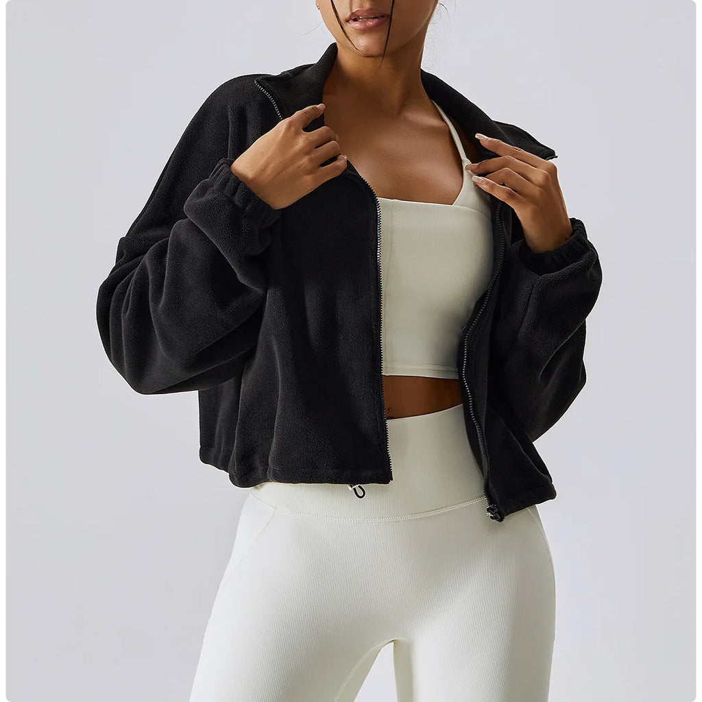 Felpa con cappuccio da donna in pile polare con zip, vestibilità ampia, top corto atletico con colletto rialzato, fori per i pollici e orlo con coulisse per l'autunno inverno