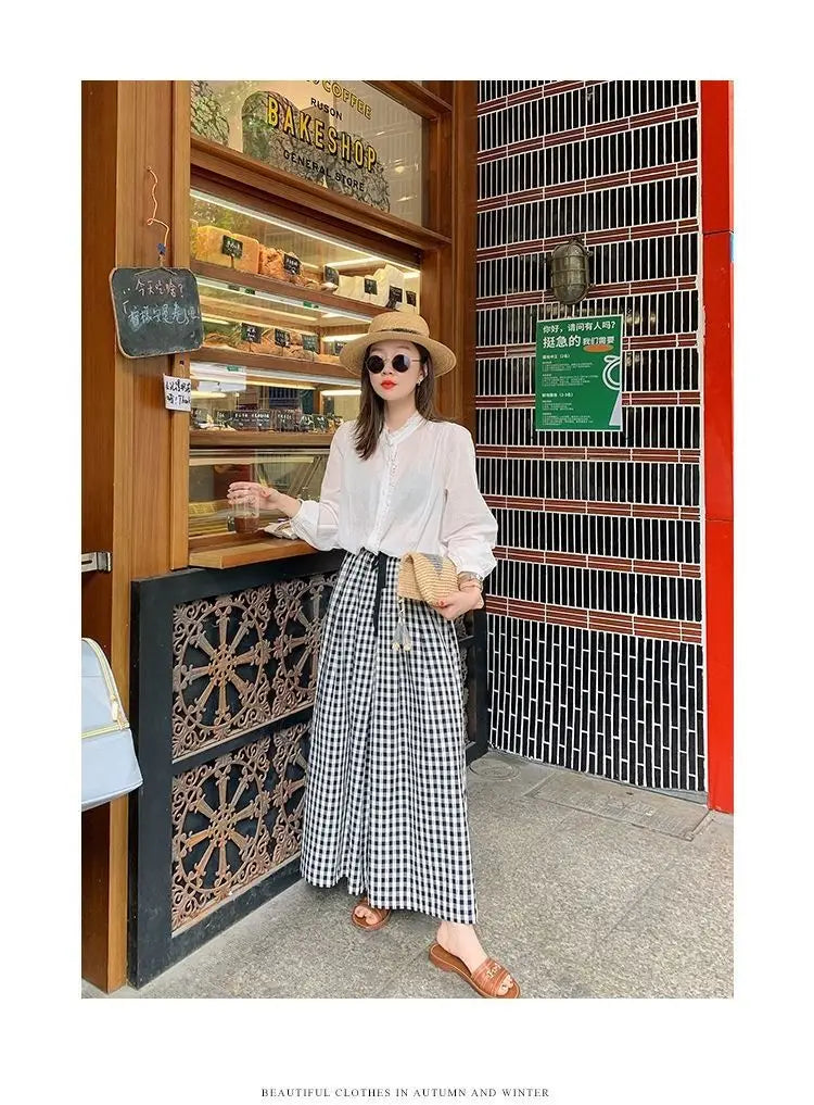 Pantaloni scozzesi a gamba larga da donna Pantaloni larghi stile coreano con pannelli Pantaloni streetwear Pantalones Abbigliamento estivo A-line Adolescenti College