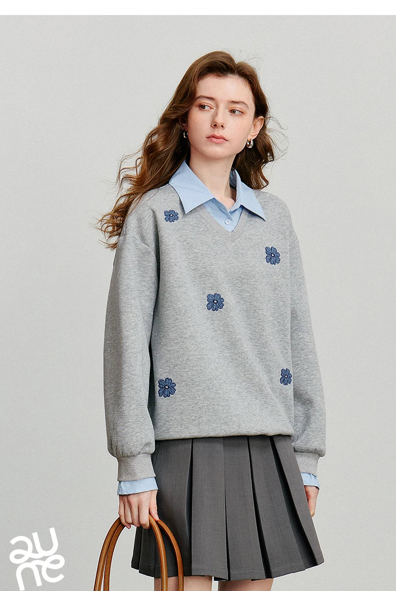TOYOUTH Felpa da donna 2025 Autunno Nuovo Denim Fiore Ricamo Falso in due pezzi Splicing Colletto rovesciato Pullover casual in cotone