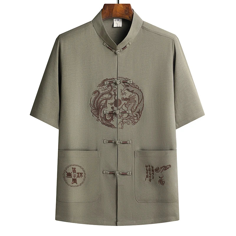 Lino (top + pantaloni) abito Tang cinese in lino arruffato di mezza età da uomo in stile cinese Hanfu nonno vestito in lino