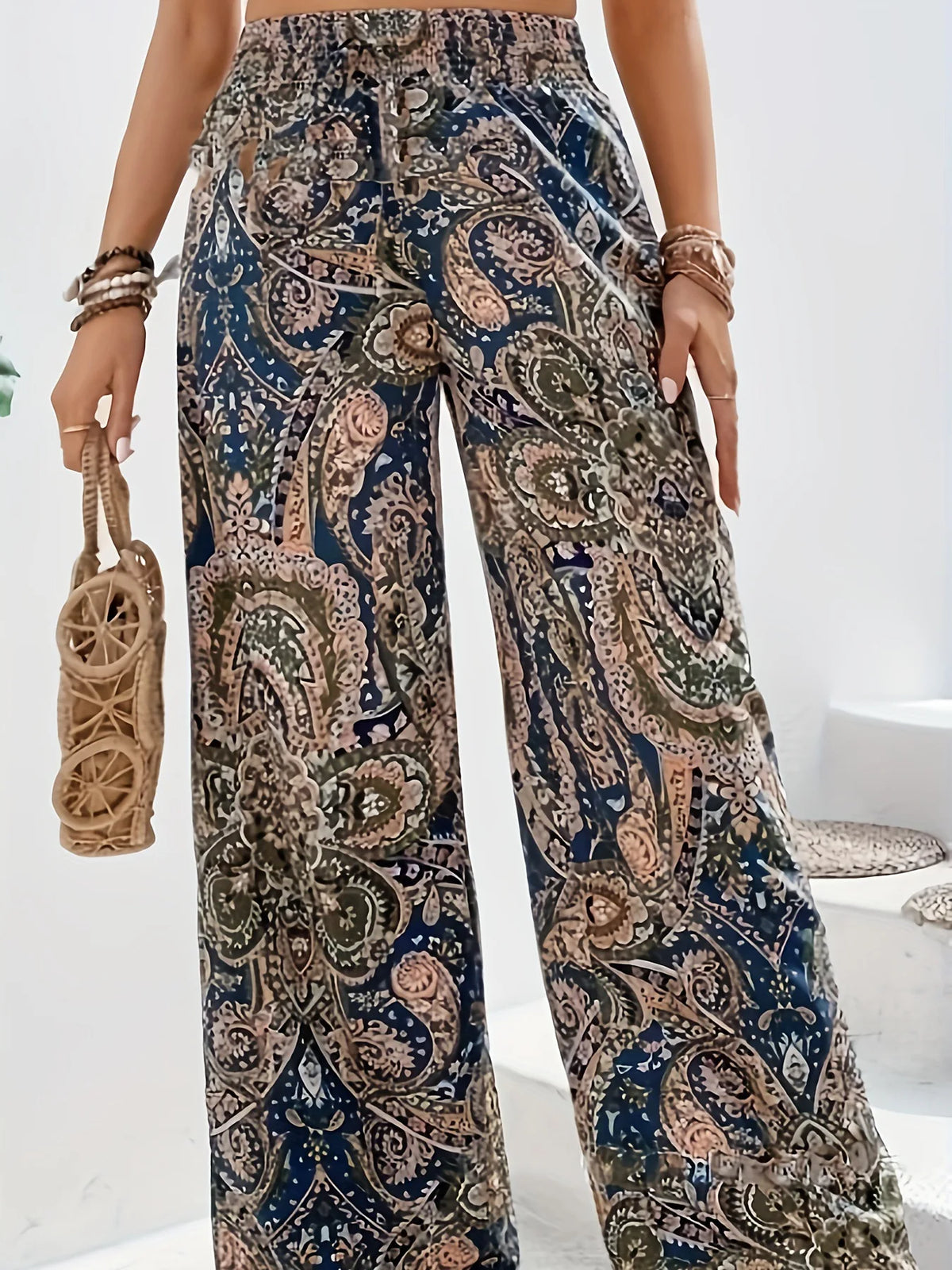 Pantaloni lunghi a gamba larga stampati in vita elastica a vita alta bohémien Abiti da donna Pantaloni casual dritti Estate Nuova tendenza vintage