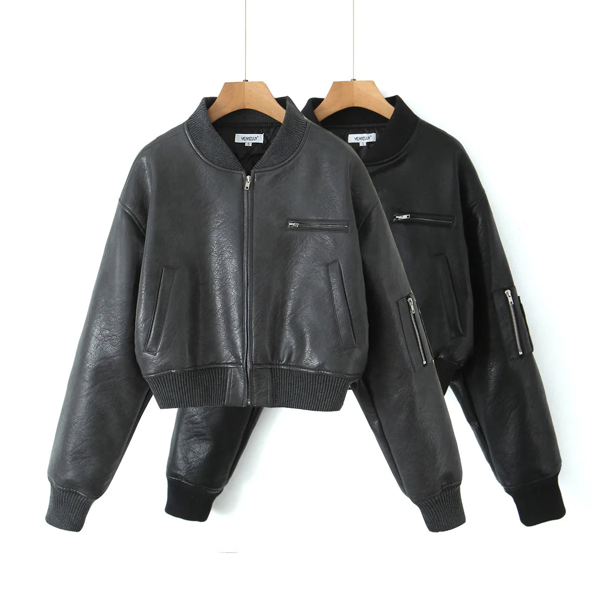 Giacca in Pelle PU Y2K COOL da Donna con Collo a V, Maniche Lunghe, Cerniera, Imbottita, Corta e Larga, Grigia