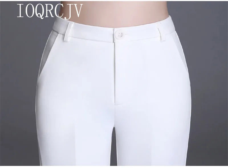 Pantaloni classici a zampa d'elefante bianchi sottili per le donne 2025 Pantaloni estivi a vita alta con fondo a campana sottile Pantaloni da donna da ufficio neri 5XL