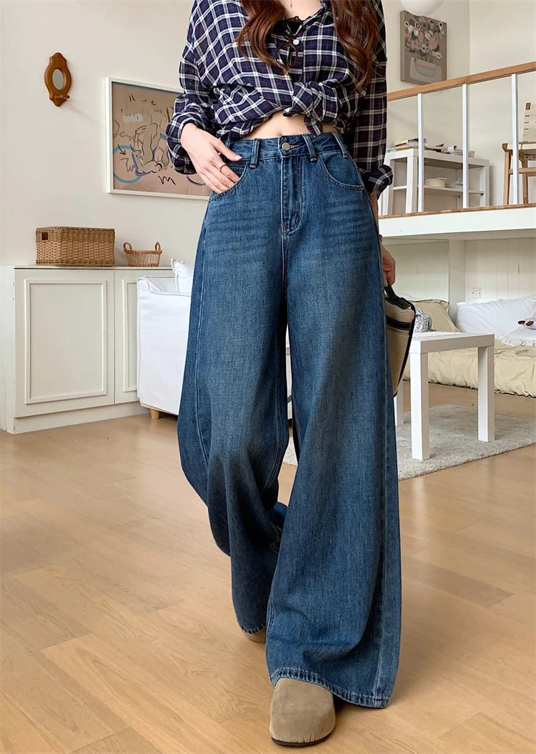 Jeans a Vita Alta Stile Americano, Gamba Larga, per Donna, Autunno Inverno, Vestibilità Comoda, Pantaloni Lunghi, Taglio Dritto, Casual, Denim Blu, Effetto Snellente