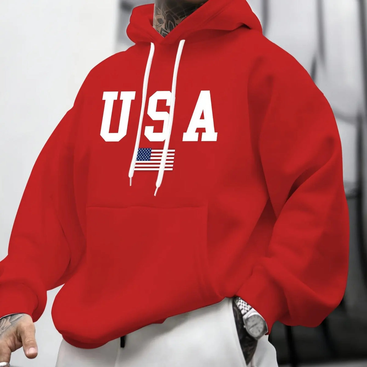 Felpa con Cappuccio da Uomo Autunno-Inverno, Moda Casual, Stampa Grafica Bandiera Americana, Maniche Lunghe, Pullover Caldo