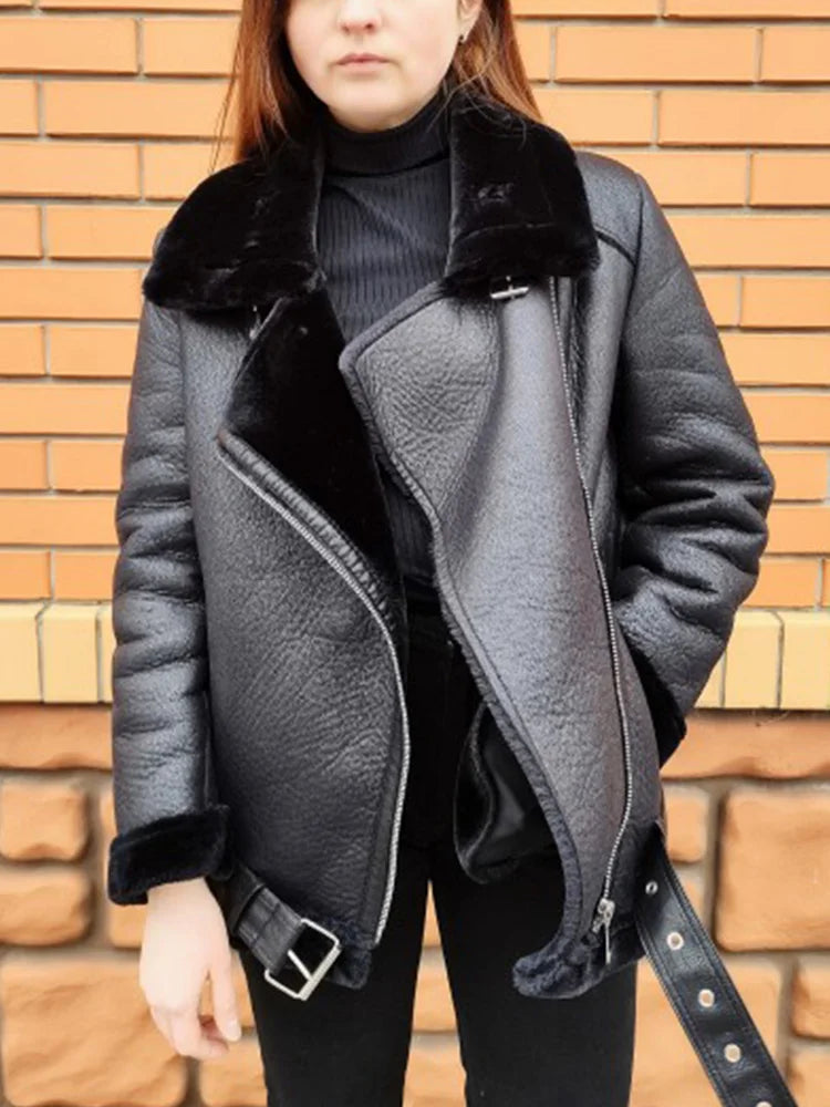 Ailegogo Cappotti invernali Donna Spessore Pelliccia sintetica Pelle di pecora Pelliccia femminile Giacca in pelle Aviator Outwear Casaco Feminino