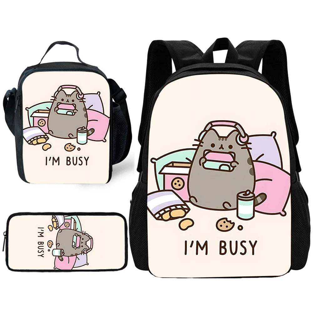 Zaino per bambini con gatti Kawaii Pusheens per la scuola con borse per il pranzo, borse per matite, borse per la scuola per ragazzi e ragazze, miglior regalo