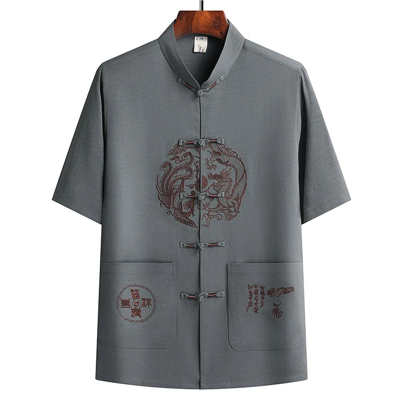 Lino (top + pantaloni) abito Tang cinese in lino arruffato di mezza età da uomo in stile cinese Hanfu nonno vestito in lino