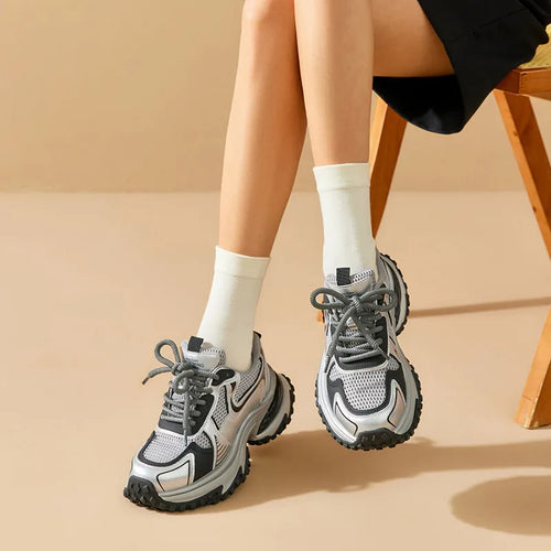 BEAUTODAY Chunky Sneakers donna Mesh tinta unita Patchwork suola spessa Lace-up 2024 primavera scarpe per il tempo libero femminili fatte a mano 29 a03