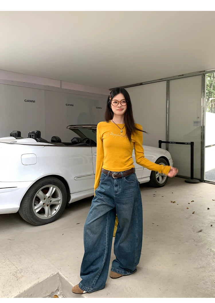 Jeans in denim blu a gamba dritta e vestibilità ampia da donna, pantaloni casual a gamba larga, comodi e rilassanti, stile coreano, per la primavera