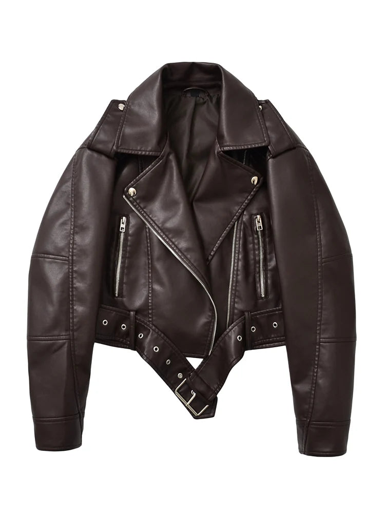 Ailegogo nuova primavera autunno donna vintage cintura allentata giacca in ecopelle streetwear femminile retrò moto biker cappotto capispalla