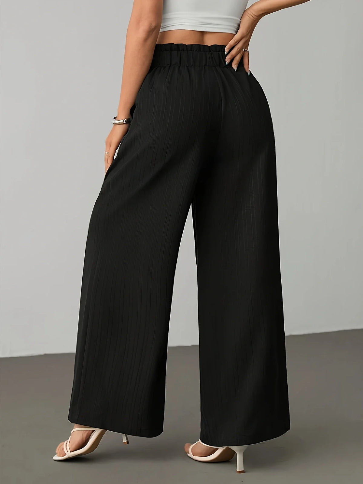 Pantaloni Larghi da Donna con Vita Arricciata e Laccio, Pantaloni Casual a Righe Drappeggiati, Pantaloni Dritti a Vita Alta e Lunghezza Maxi