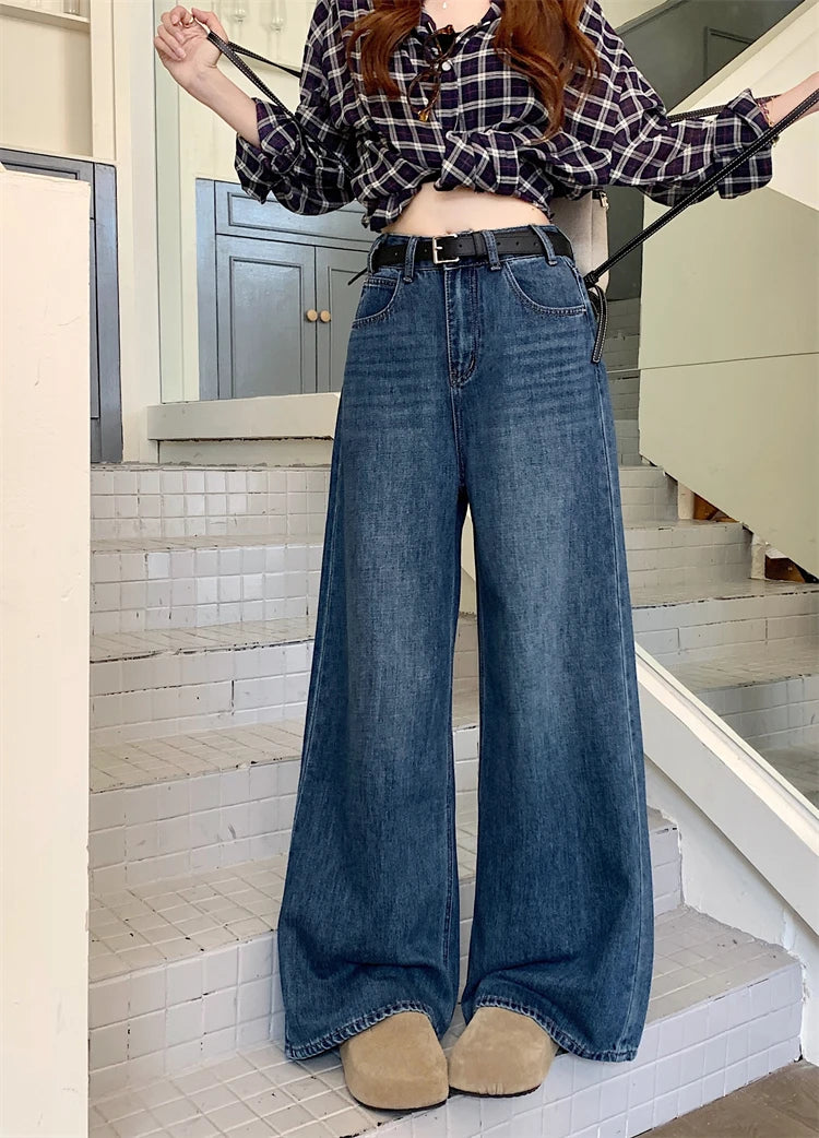Jeans a Vita Alta Stile Americano, Gamba Larga, per Donna, Autunno Inverno, Vestibilità Comoda, Pantaloni Lunghi, Taglio Dritto, Casual, Denim Blu, Effetto Snellente