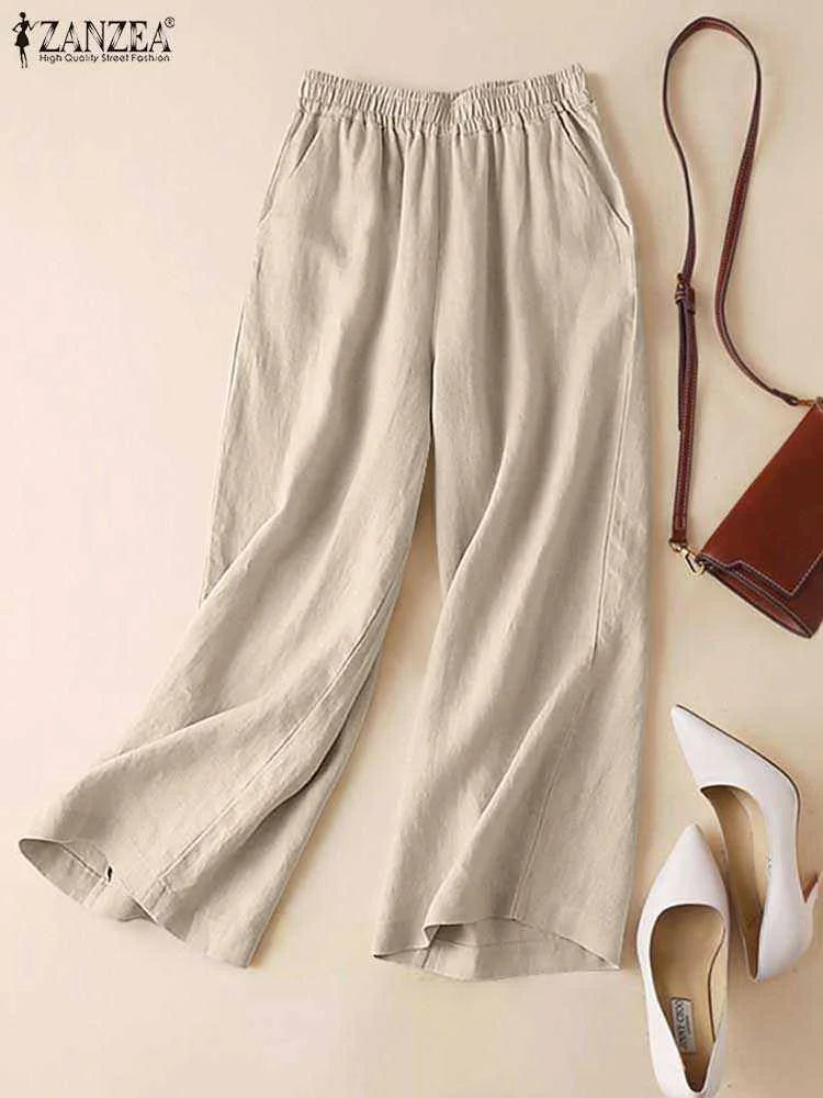 ZANZEA-Pantaloni Estivi da Donna in Cotone e Lino con Vita Elastica, Gamba Larga, Casual, Leggeri, Tinta Unita, Pantaloni Palazzo