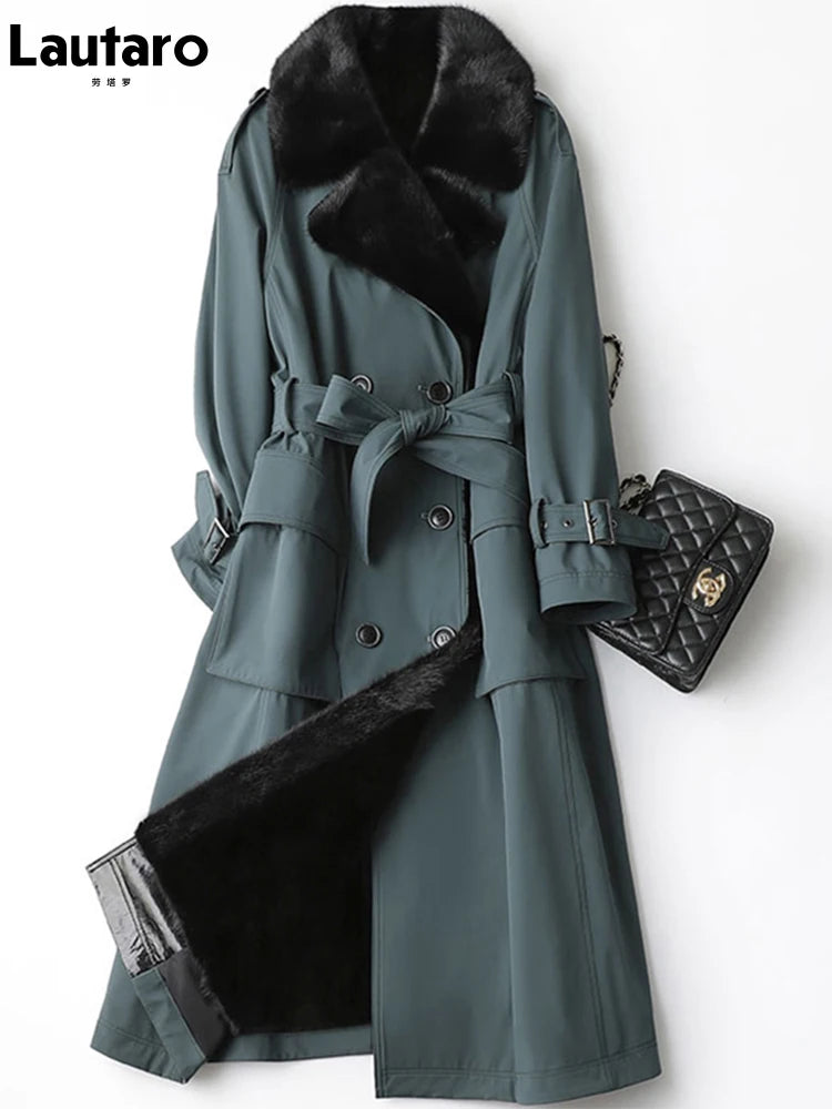 Lautaro Trench invernale lungo caldo e spesso con pelliccia sintetica, tasche interne con cintura, doppio petto, foderato in pelliccia di lusso per donna