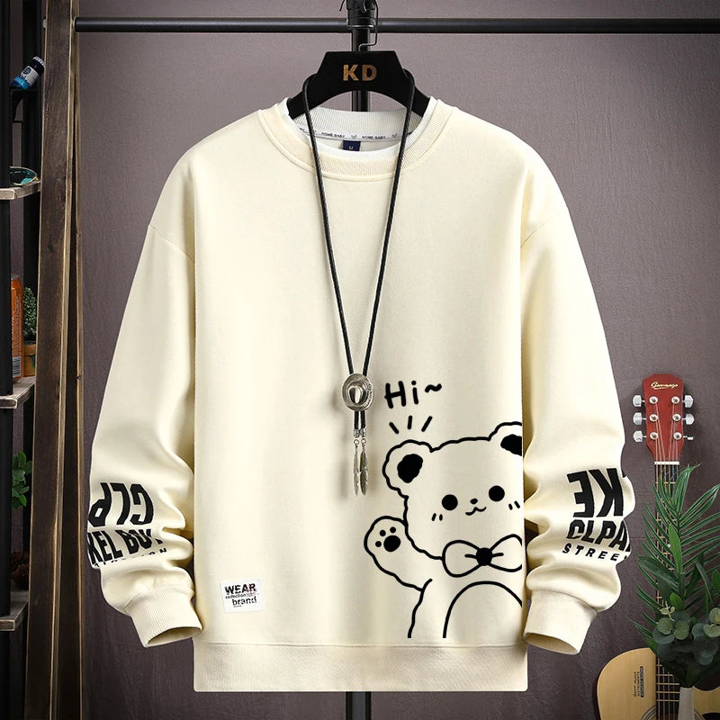 Felpa da uomo Cartoon giapponese Felpe con cappuccio T-shirt a maniche lunghe stampata tigre autunnale Abbigliamento da uomo di moda Cachi O Collo Harajuku Top
