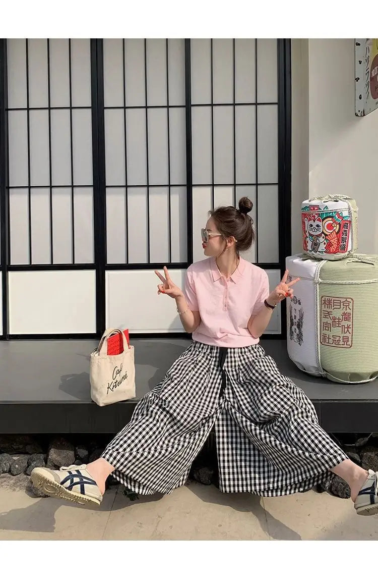 Pantaloni scozzesi a gamba larga da donna Pantaloni larghi stile coreano con pannelli Pantaloni streetwear Pantalones Abbigliamento estivo A-line Adolescenti College