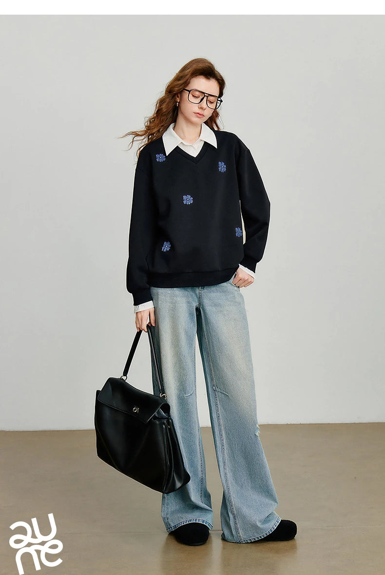 TOYOUTH Felpa da donna 2025 Autunno Nuovo Denim Fiore Ricamo Falso in due pezzi Splicing Colletto rovesciato Pullover casual in cotone