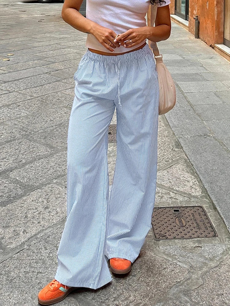 Pantaloni larghi con stampa a righe streetwear Pantaloni da jogging con lacci Moda Y2K Pantaloni larghi Estetici di base anni '90 Pantaloni carini