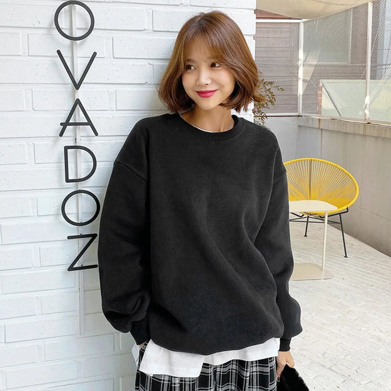 Felpa da Donna Primaverile Bianca Traspirante, Pullover Tinta Unita, Top Casual Ampio per Tutte le Stagioni, Manica Lunga Sottile con Collo Rotondo