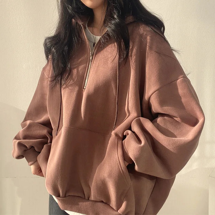 Felpa con cappuccio da donna Harajuku sciolto oversize tinta unita Top mezza Zip felpa donna Casual manica lunga tasca cappotti con cappuccio 2023