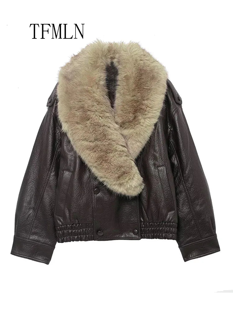 TFMLN 2025 Donne di Inverno Allentato Giacca In Ecopelle Moda Rimosso Grande Collo di Pelliccia Cappotto Causale High Street Doppio Petto Outwear