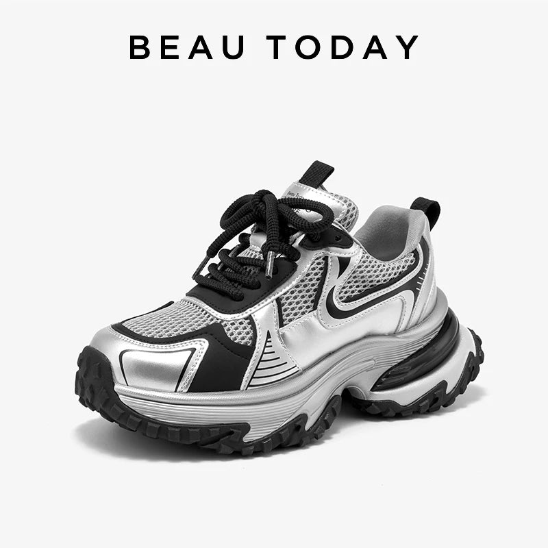 BEAUTODAY Chunky Sneakers Women Mesh Solid Color Patchwork Thick Sole Lace-up 2024 Spring Female Leisure Shoes Handmade 29A03