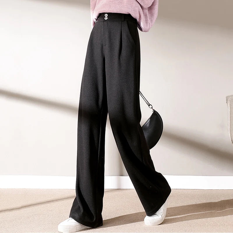 2024 Autunno Inverno Donna Pantaloni di lana concisi Lady Gamba larga Designer Pantaloni esterni Donna Addensare Pantaloni drappeggiati a vita alta