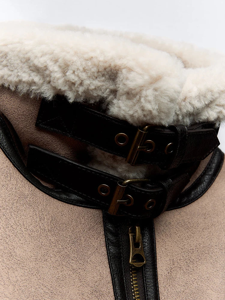 Ailegogo Streetwear donna retrò sciolto impiombato ecopelle morbida pelliccia giacca corta invernale femminile cintura con cerniera cappotto capispalla vintage