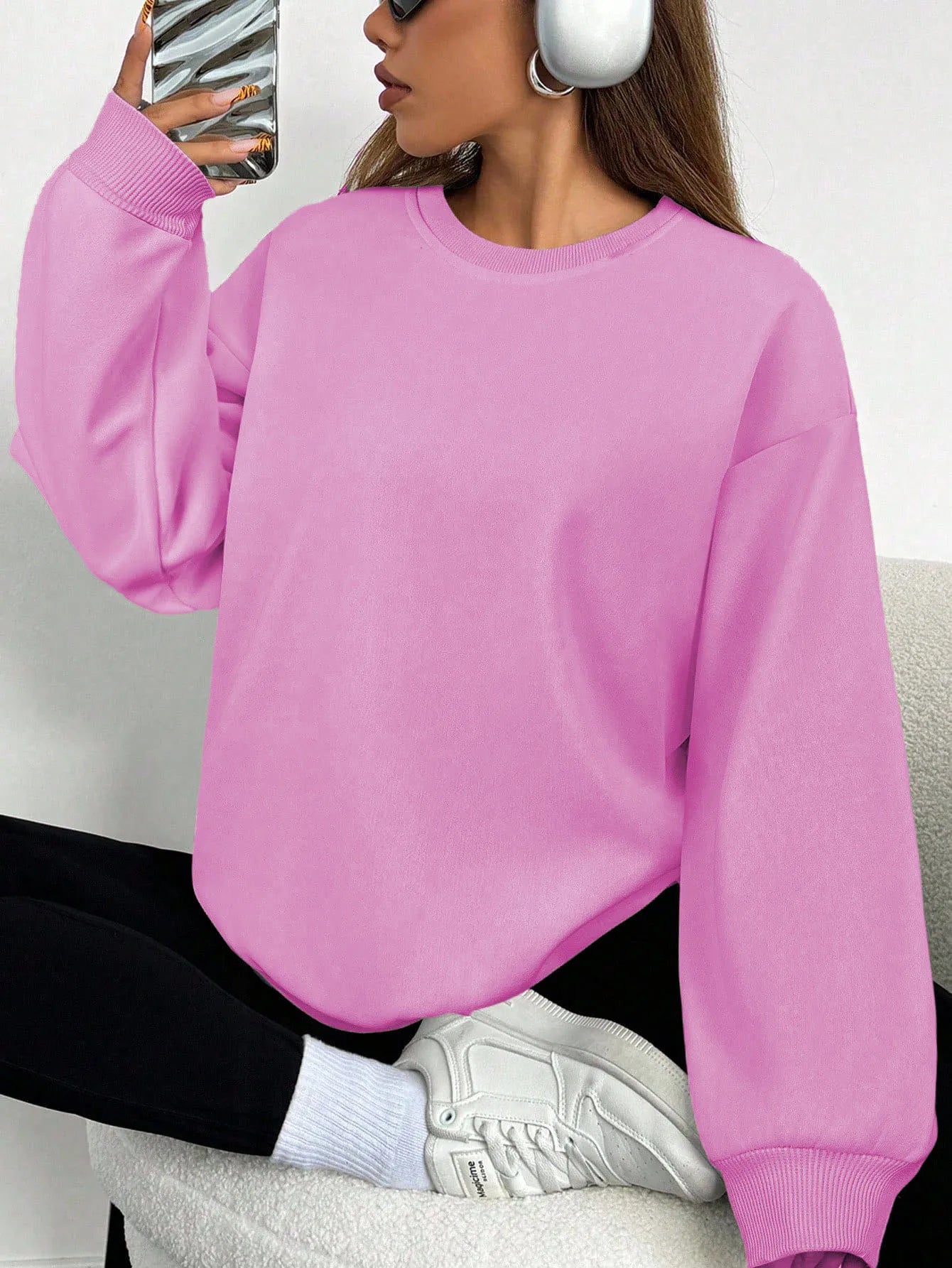 Felpa da donna casual semplice tinta unita ampia a maniche lunghe versione oversize o-collo top basic primavera/autunno streetwear