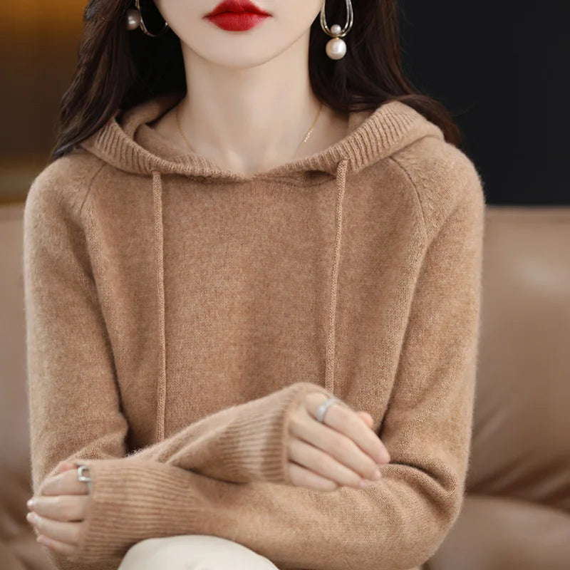 Maglione con cappuccio Moda Donna Autunno Inverno Manica lunga Tinta unita Felpe con cappuccio lavorate a maglia Lady Felpa con cappuccio pullover casual con coulisse allentata