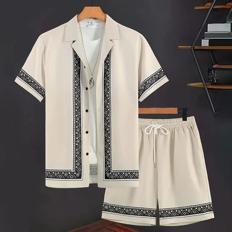2024 vestito da vacanza estiva dei nuovi uomini camicia con bordo stampato strutturato retrò pantaloncini a maniche corte tuta da piscina traspirante da uomo in due pezzi
