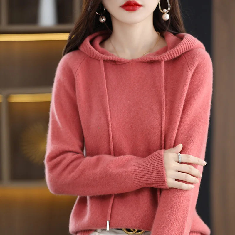 Maglione con cappuccio Moda Donna Autunno Inverno Manica lunga Tinta unita Felpe con cappuccio lavorate a maglia Lady Felpa con cappuccio pullover casual con coulisse allentata