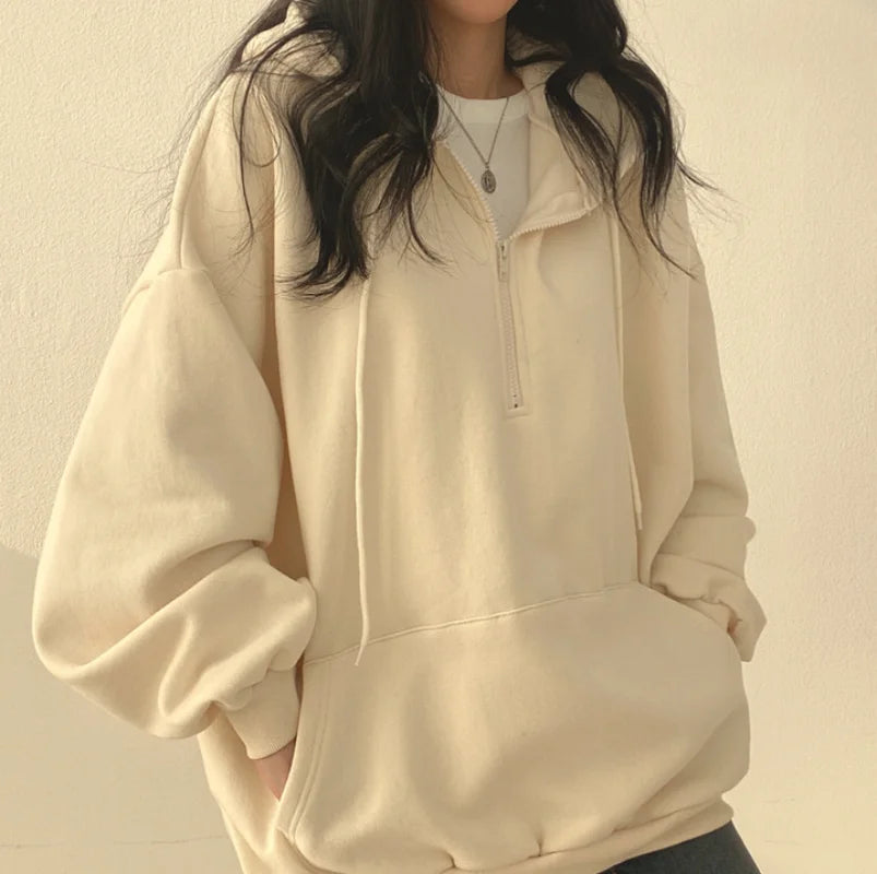 Felpa con cappuccio da donna Harajuku sciolto oversize tinta unita Top mezza Zip felpa donna Casual manica lunga tasca cappotti con cappuccio 2023