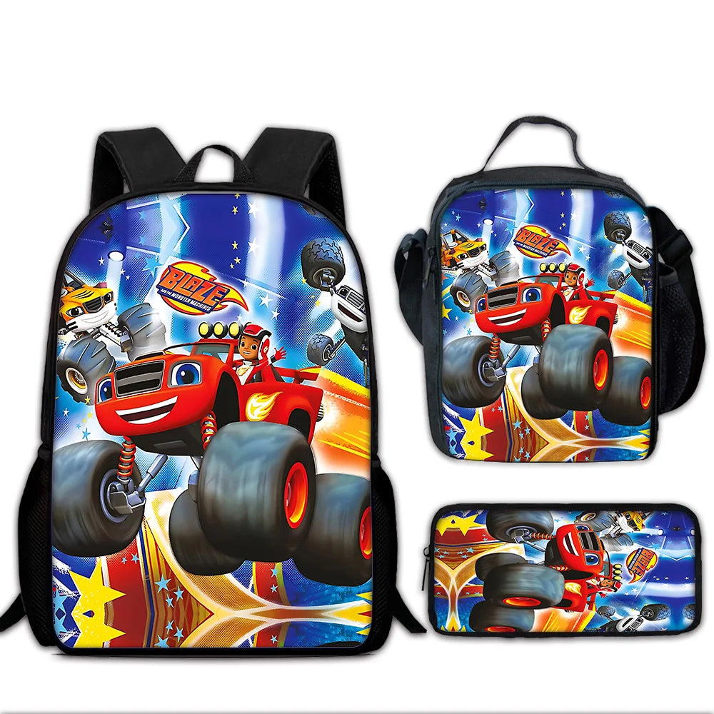 Zaino Scolastico 3D Cartoon Blaze Monster Machines con Borsa Pranzo, Astuccio, Zaino per Bambini e Bambine, Miglior Regalo