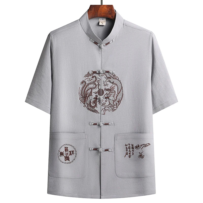 Lino (top + pantaloni) abito Tang cinese in lino arruffato di mezza età da uomo in stile cinese Hanfu nonno vestito in lino